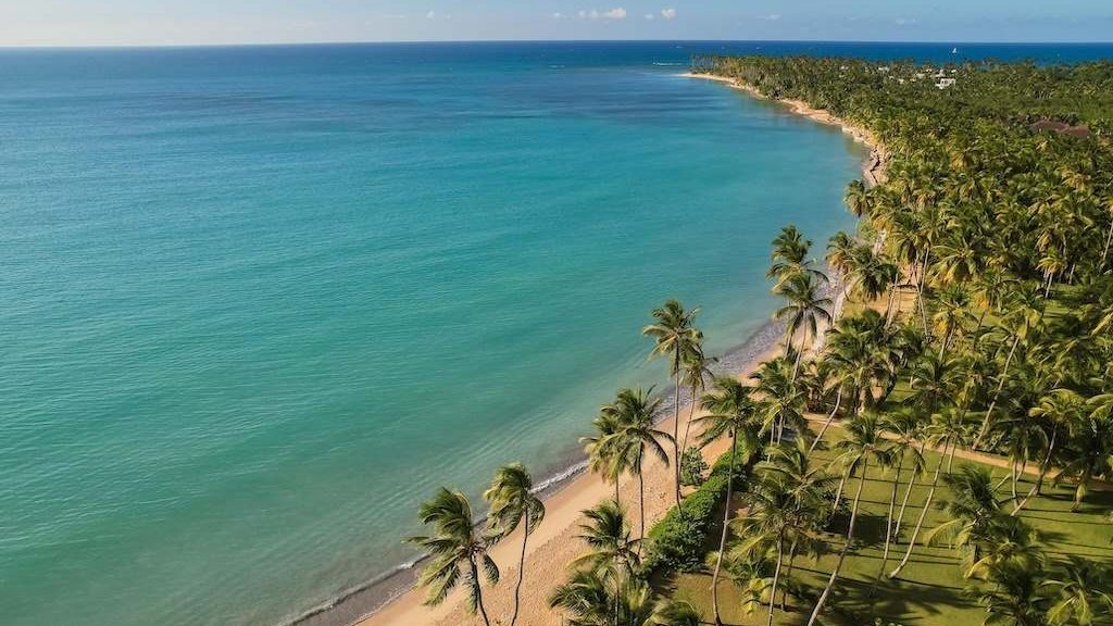 Aerial view of beautiful Playa Cosón beach in Las Terrenas, Dominican Republic, featuring clear turquoise waters, golden sand, and palm trees lining the shore.